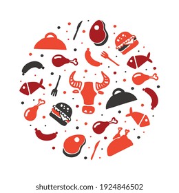 Grill Symbols of Circular Shape, Barbecue House, Restaurant, Restaurant, Bar Poster, Invitation, Flyer, Banner, Promo Design Cartoon Vector Illustration