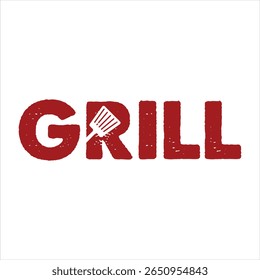 Image de texte de gril avec silhouette de spatule s'intégrant dans le lettrage couleur rouge gras et arrière-plan blanc Crée une image visuelle impactante