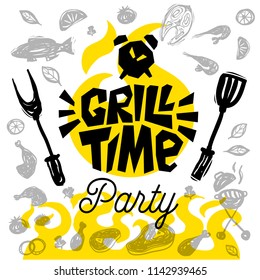 Grill Time food poster. Grilled food, meat fish vegetables grill appliance fork knife chicken shrimps lemon spice. Hand drawn vector illustration.