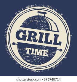 Grill time grunge label design on blue backdrop. Vector illustration