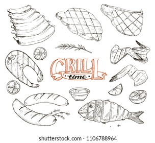 Grill time. Hand drawn bbq meat and fried fish sketches isolated on white background. Barbeque pork ribs, beafsteak, chicken wings. Grilled dorado and salmon. Roasted sausages.