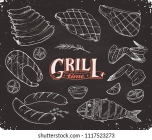 Grill time. Hand drawn bbq meat and fried fish sketches on chalk board. Barbeque pork ribs, beafsteak, chicken wings. Grilled dorado and salmon. Roasted sausages.