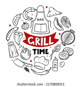 Grill time hand-drawn menu items of restaurant bar cafe Vector of barbecue food doodles