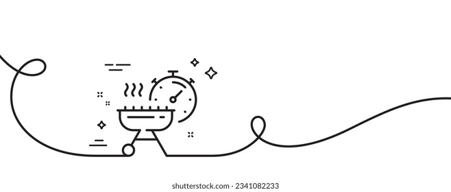 Icono de línea de tiempo de paro. Una línea continua con curl. Fogón de barbacoa para el cartel de comida para cocinar. Símbolo más brusco de carne caliente. Cinta de contorno simple de tiempo de parrilla. Patrón de curva de bucle. Vector