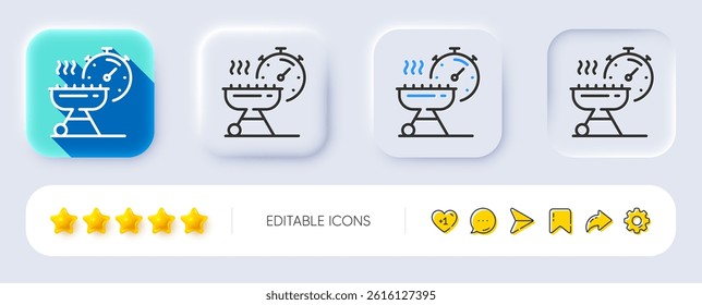 Grill time line icon. Neumorphic, Flat shadow, 3d buttons. Barbecue cooker for cooking food sign. Hot meat brazier symbol. Line grill time icon. Social media icons. Vector