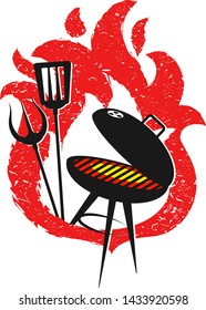 Grill with tools and fire red design for BBQ