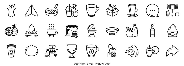 Grill tools, Food market and Gas grill line icons pack. Share, Message, Paper plane icons. Orange, Healthy food, Coffee web icon. Teacup, Recycle water, Takeaway coffee pictogram. Vector