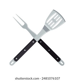 Grill tools icon. Crossed barbeque fork with spatula. BBQ symbol. Vector illustration in flat style