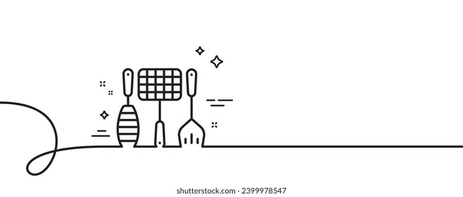 Grill tools line icon. Continuous one line with curl. Barbecue utensils sign. Food cooking baskets and spatula symbol. Grill tools single outline ribbon. Loop curve pattern. Vector