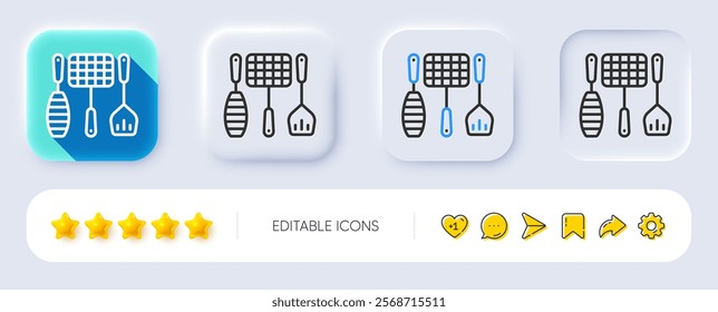 Grill tools line icon. Neumorphic, Flat shadow, 3d buttons. Barbecue utensils sign. Food cooking baskets and spatula symbol. Line grill tools icon. Social media icons. Vector