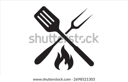 Grill Tools Silhouette Icon – Crossed Spatula and Fork with Flame for Barbecue and Outdoor Cooking