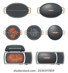 Grill top view. Isolated rounded bbq stove, empty round barbeque grills charcoal fire for cook meat outside summer picnic, coal brazier roaster oven swanky vector illustration original artwork