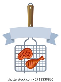 A grill with two pieces of meat on it and a ribbon behind it