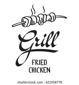 Grill typographical design concept with calligraphic stylish inscription and roasted meat on skewer isolated vector illustration
