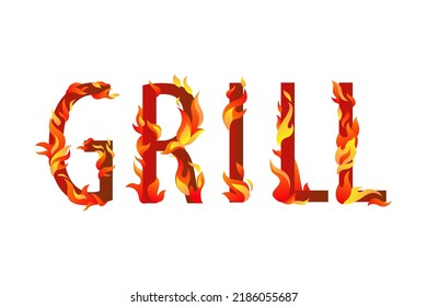 GRILL. Vektorbrennendes Wort. Symbol mit Blitzfeuer