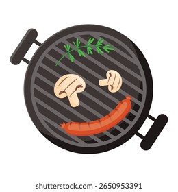 Grill vector illustration on transparent background. BBQ icon with food. Design element for cooking theme, restaurants, cafe, outdoor cooking, posters, patterns, logos.Flat cartoon style.Vector decor.