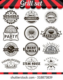 Grill vintage design elements and badges set.Collection of barbecue vector signs, symbols and icons. Set of bbq design elements. Burgers badges stickers and labels food set.