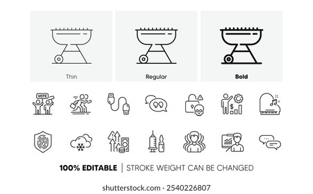 Parrilla, campaña de votación e iconos de línea de riqueza de empleados. Paquete de vacunación médica, grupo, icono de inflación. Ataque cibernético, burbuja de cita, pictograma de mensaje de puntos. Cable de carga. Iconos de línea. Vector