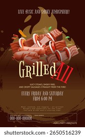 Grilled todos os convite de festa 3D cartoon vetor publicidade e design de cartaz promoção. Churrasco de churrasco realista, carne assada, bife, salsichas. Evento de piquenique