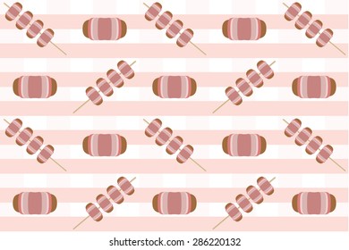 Grilled Bacon wrapped sausages on a plate on pink background pattern.