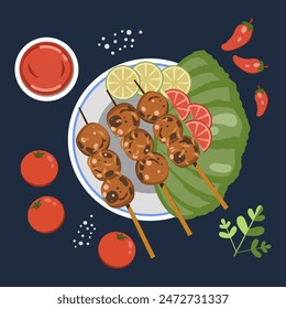 Grilled bakso with background food of Indonesia