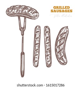 Grilled barbecue german sausages, fried frankfurters and meat pork product for BBQ. Roasted bratwurst on fork. Food sketch vector drawing illustartion