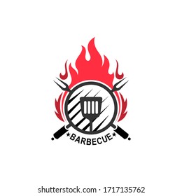 Grilled barbecue logo, retro BBQ vector, fire grill food and restaurant icon, 