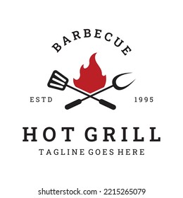 Grilled barbecue typography logo with crossed fire and spatula. Logo for restaurants, cafes and bars.