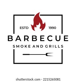 Logo de la tipografía de barbacoa a la parrilla con fuego cruzado y espátula. Logo para restaurantes, cafés y bares.