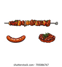 Grilled, Barbequed Meat On Stick, Steak And Sausage, Sketch Style Vector Illustration On White Background. Realistic Hand Drawing Of Grilled, Barbequed Meat – Shish Kebab, Steak And Sausage