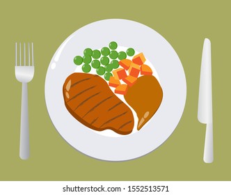 Grilled BBQ Beef/Pork steak with sweet peas, chopped carrots and  gravy sauces in white plate. Fork and knife set aside. Isolated on light background. Top View. Vector Illustration.