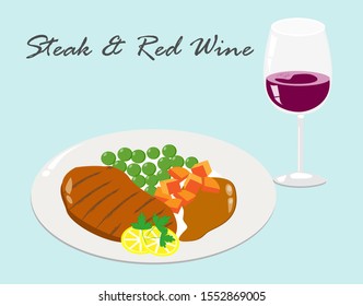 Grilled BBQ Beef/Pork steak with sweet peas, chopped carrots and  gravy sauces in white plate. Glass of red wine aside. Isolated on light background. side View. Vector Illustration.