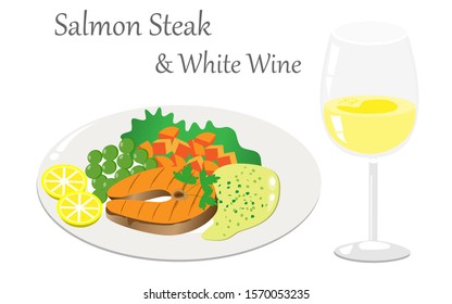 Grilled BBQ salmon fish steak with chopped carrots , sweet peas and tartar sauces on white plate and glass of white wine. Isolated on white background. Side View. Vector Illustration.
