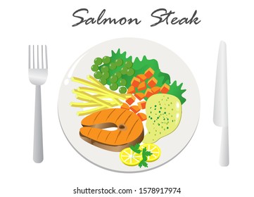 Grilled BBQ salmon fish steak with chopped carrots , sweet peas, french fries and tartar sauces on white plate with knife and folk. Isolated on white background. Top View. Vector Illustration.