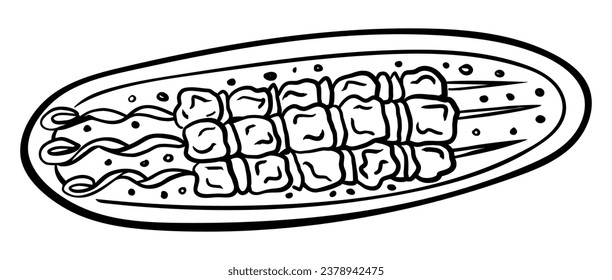 Grilled BBQ shashlik with meat in style outline drawing isolated on a white background. Barbecue food sketch drawing. Vector illustration