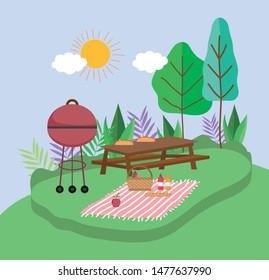 grilled bbq table blanket basket food picnic in the park