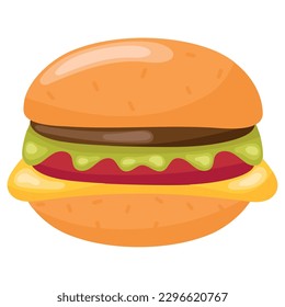 Grilled beef burger, cheese and tomato on bun icon isolated