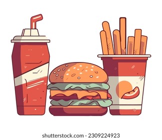 Grilled beef burger and fries, refreshing cola icon isolated