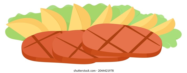 Buey a la parrilla con patata frita. Carne picada con aderezo sobre ensalada verde aislada en blanco. Ilustración de dibujos animados.