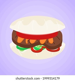 grilled beef with orange sauce soft steamed bun burger isolated on purple background, culture food vector illustration design.