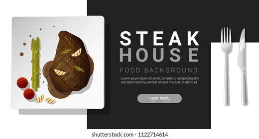 Grilled beef, rib eye steak and spices served on plate, food background , vector , illustration