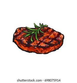 Grilled beef steak, beefsteak with rosemary, sketch style vector illustration on white background. Realistic hand drawing of grilled piece, cut of meet, beef steak served with rosemary