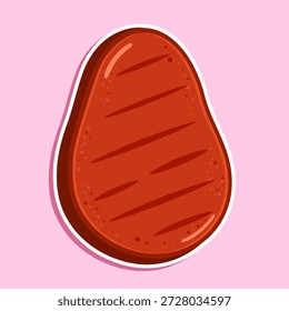 Caráter de desenho animado de bife grelhado oferecendo um suculento, rico em proteína gráfico de jantar churrasco em estilo recortado em um fundo rosa suave, ideal para alimentos, cozinhar e desenhos de menu