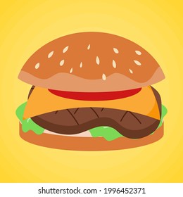 grilled beef steak cheese burger isolated on yellow background, culture food vector illustration design.
