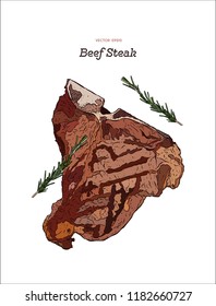 Grilled Beef steak, Hand draw sketch vector. 