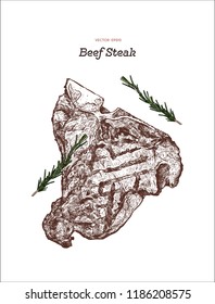 Grilled Beef steak, Hand draw sketch vector. 