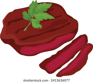 Grilled beef steak with herb garnish, cooked meat dish, isolated. Fresh parsley on top of juicy steak. Culinary art and restaurant menu design vector illustration.