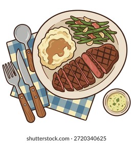 Bife grelhado Bife com purê de batata e verde feijão jantar vetor ilustração