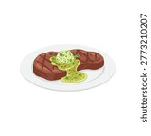 Grilled beef steak on plate with melted herb butter garlic topping. Delicious gourmet meat meal, isolated vector illustration for restaurant menu design, culinary arts, cooking blog graphics.