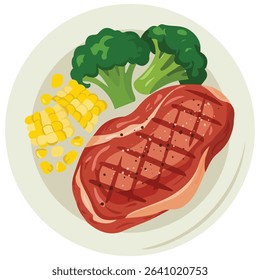 Grilled beef steak on plate isolated vector illustration on white background